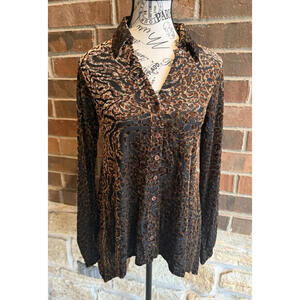 SNO SKINS Gold Black Sheer Artsy Print Velvet Burnout Stretch Blouse SZ Small